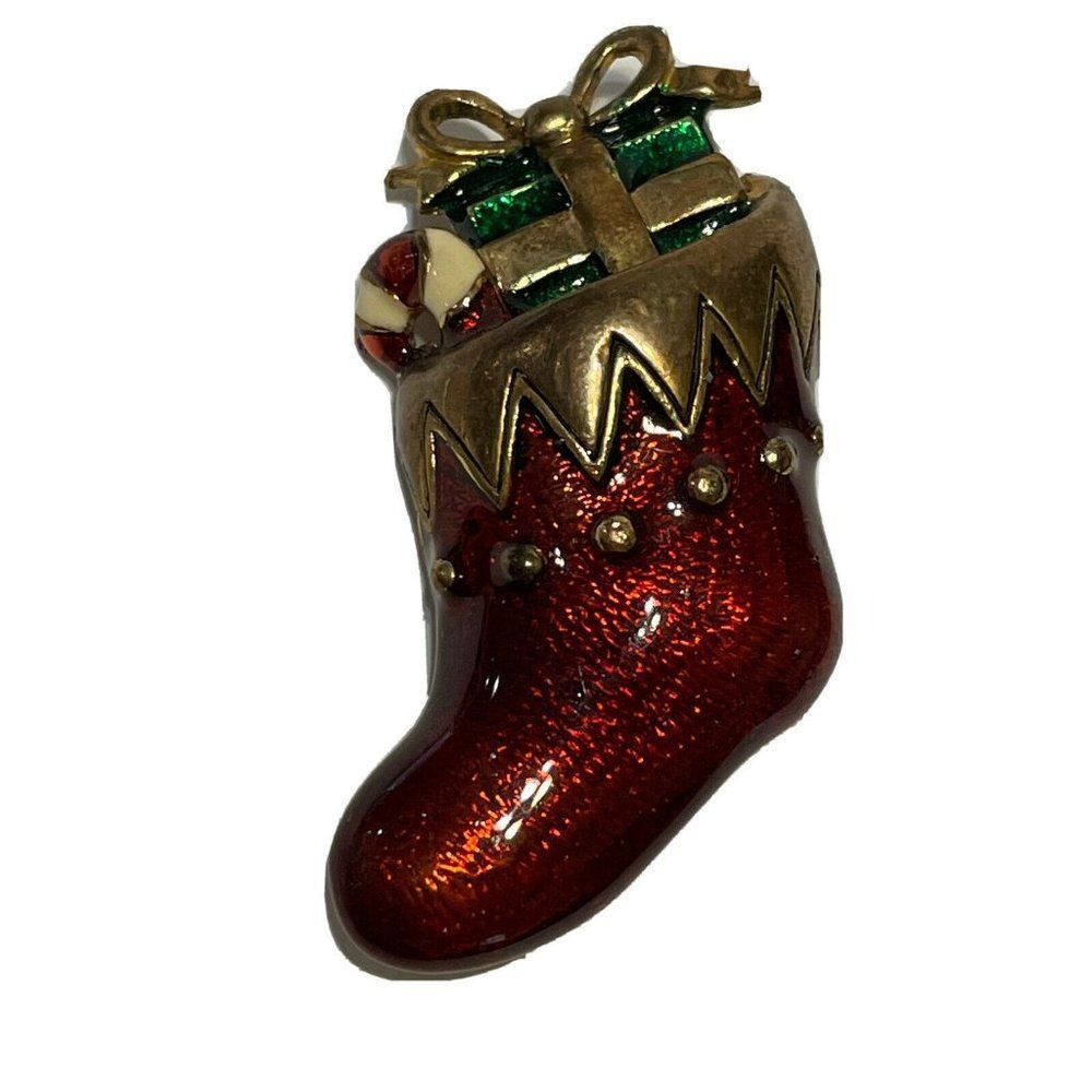 vintage red enamel Christmas stocking candy cane present pin brooch Holiday